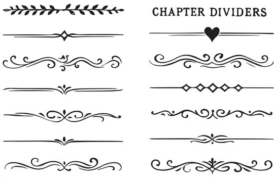 Elegant chapter dividers with intricate flourishes, hearts, and decorative lines, ideal for book design, journals, and creative projects, line art icon set