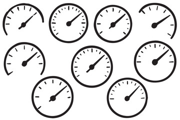 circular gauge and meter icons in black and white, ideal for measurement, speed, and performance representations, line art icon set