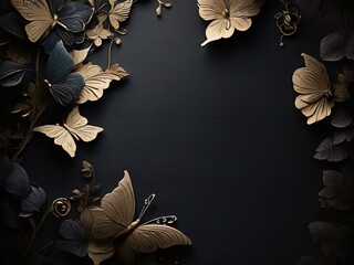 Vintage Floral Frame on Dark Wooden Background, 
Elegant Flower Border with Copy Space