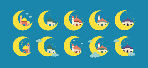 Collection of crescent moons with mosques for Islamic holidays