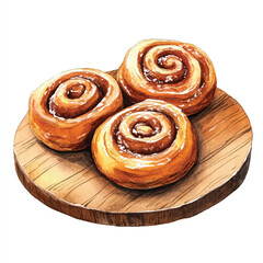 Watercolor Illustration of Three Delicious Cinnamon Rolls on Wooden Platter