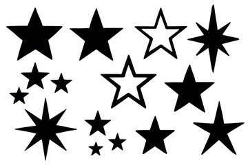 Obraz premium Set of black and white star symbols, including starbursts, solid stars, and outline stars, ideal for achievements, decoration, and praise, line art icon set