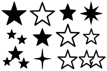 Collection of star icons in various shapes and sizes, solid and outlined stars, perfect for ratings, holidays, or recognition concepts, line art icon set