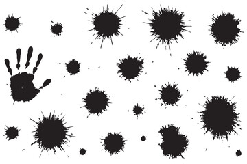 Stylized black ink stains and handprint in dynamic motion isolated on white background, modern artistic design, messy splashes of ink, line art icon set
