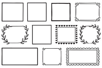Creative hand drawn line art frames in different patterns including leaves, hearts, and decorative elements, perfect for artistic design, line art icon set