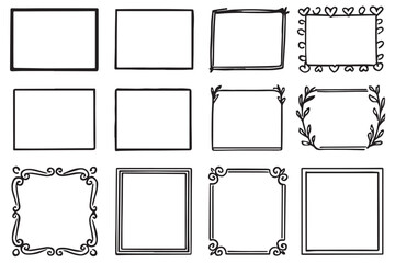 Various decorative hand drawn line art frames with different styles and shapes, perfect for invitations, cards, or creative designs, line art icon set