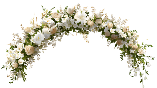 Elegant floral arch arrangement with white roses and delicate blooms for wedding ceremonies and special occasions