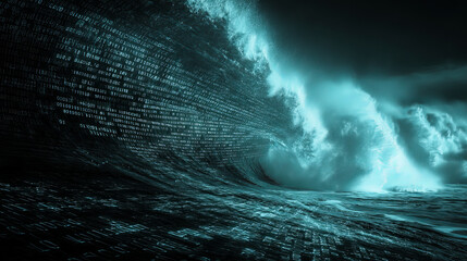 Abstract gradient particle waves seamlessly flowing with soft purple light and bokeh. Orange and blue digital waves. Technology, engineering, science, and artificial intelligence background