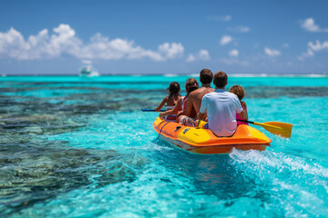 Multicultural family on pedal boat in tropical lagoon, bright colors, summer fun, 