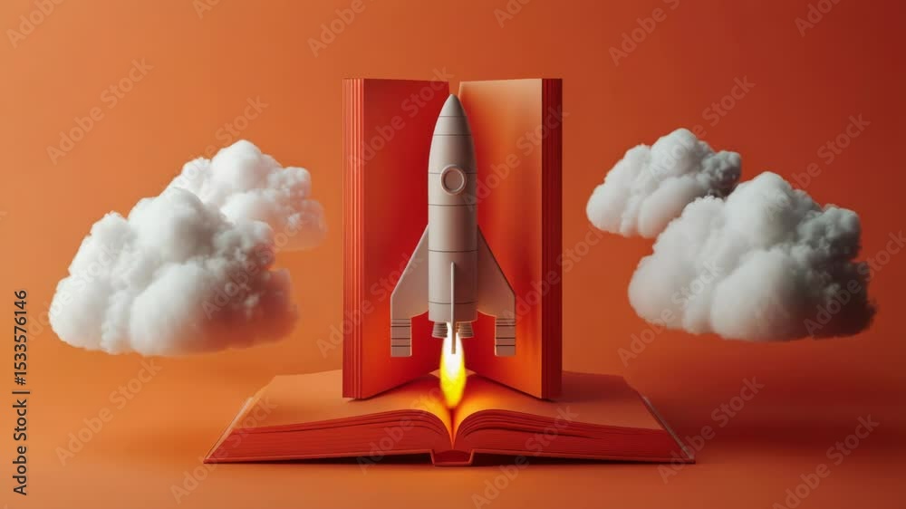 Poster an open book with a rocket on its cover, suitable for educational or technological themes