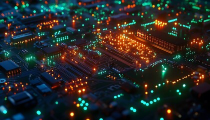 Fototapeta premium Close-up view of illuminated circuit board components.