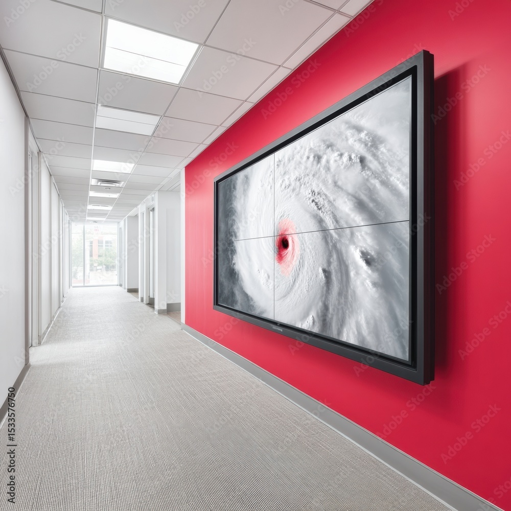 Aufkleber high-resolution hurricane eye display on large screen in modern office hallway with bold red wall - 
