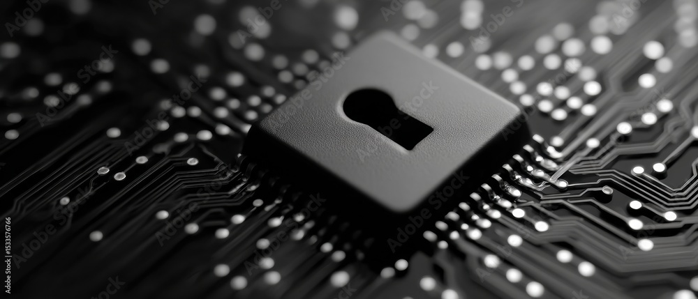 Poster High-Tech Privacy Chip with Padlock Icon Embedded in Circuit Board Design Symbolizing Hardware Encryption and Data Security for IT Protection Campaigns