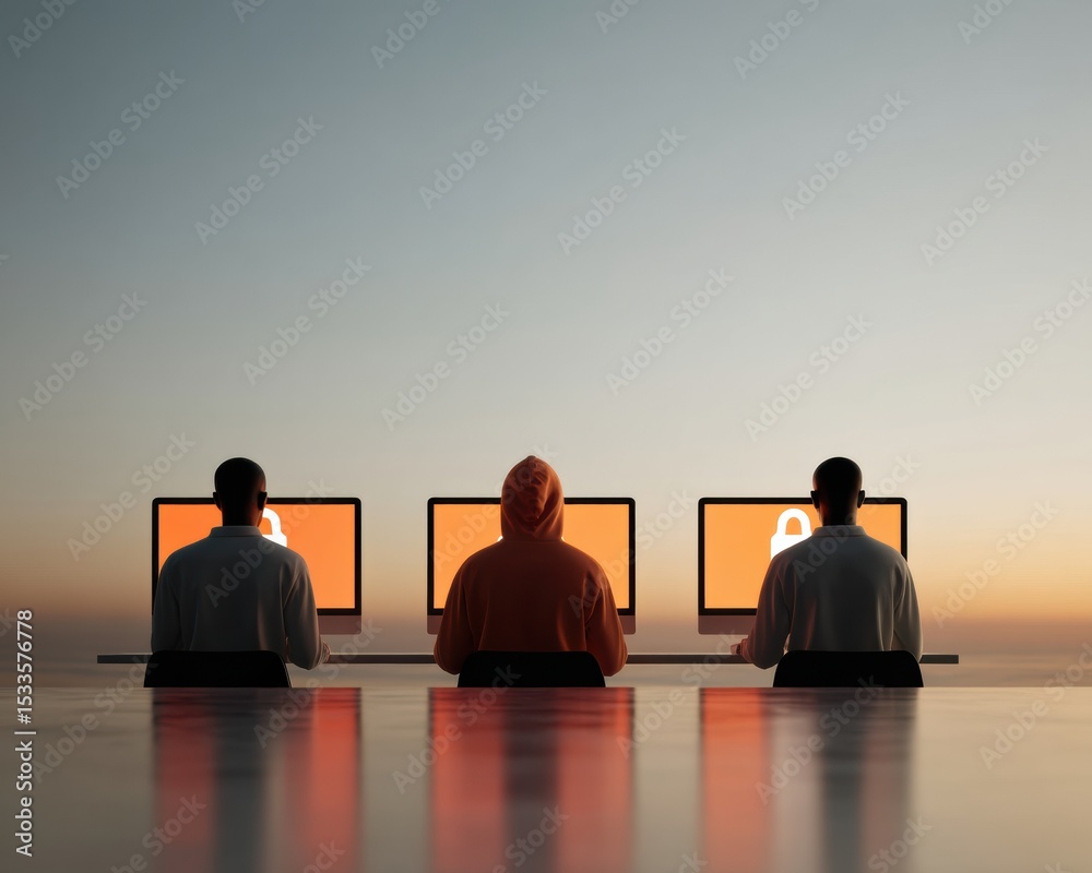 Poster Cybersecurity Team Monitoring Real-Time Data Protection on Multiple Screens with Lock Symbols in Modern Tech Environment at Sunset