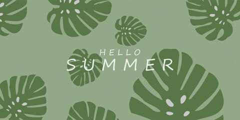 Hello Summer Background with Tropical Monstera Leaves

