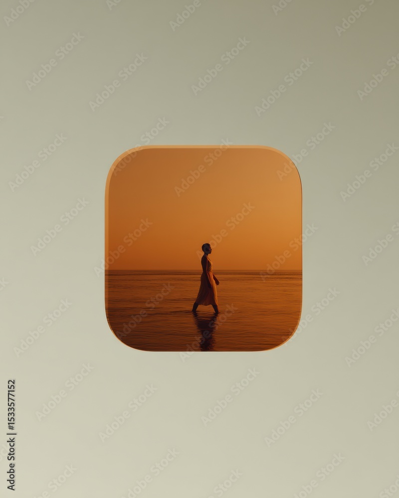 Poster minimalist mobile app icon with rounded corners featuring silhouetted person walking in sunset ocean