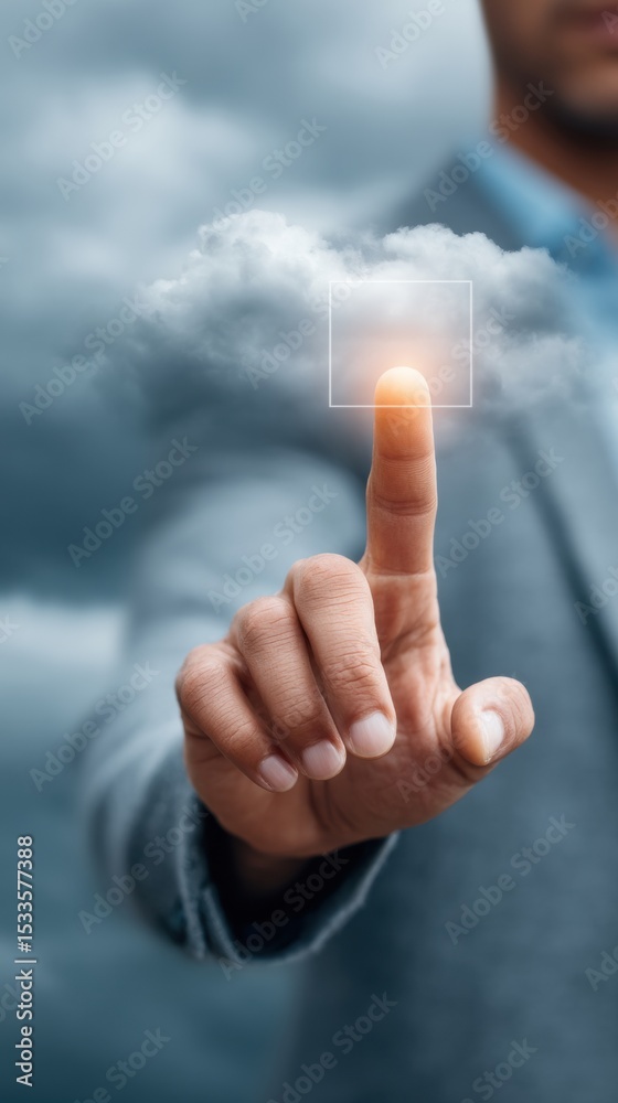 Poster businessman interacting with futuristic virtual interface for travel insurance and security solution