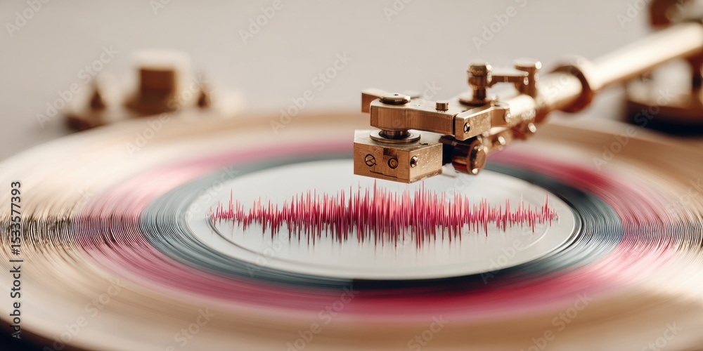 Poster retro seismograph machine recording earthquake tremors with red vibrations on rotating drum for scie