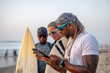 Diverse group checking surfing conditions on weather app, standing with boards, smartphone glow at dawn,