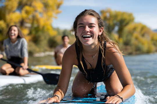 Teen girl learning to balance on paddleboard, falling and laughing, supportive friends nearby, 