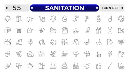 Sanitation web icon collection. Includes thin line men, sponge, hand, cleaning, dust, wash and more. Outline icon collection.