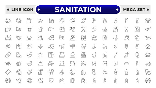 Sanitation web icon collection. Includes thin line men, sponge, hand, cleaning, dust, wash and more. Outline icon collection.