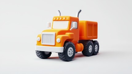 A stylized orange dump truck, 3D rendered, sits against a plain white background.  Its design is simplified, cartoonish, and features large tires