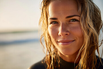 Close-up on female surfers face, wet hair, confident expression, golden hour lighting, ocean background, 