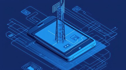 Smartphone with cellular tower graphic, complex circuitry