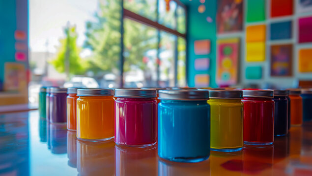 A close-up image of a colorful collection of open paint cans neatly arranged on a wooden table in front of you in an art studio, showcasing the vibrant spectrum of oil paints in a creative workspace.