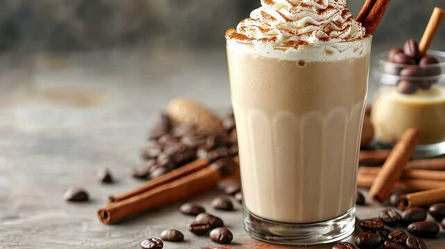 Whipped cream topped milkshake with coffee beans and a hint of cinnamon in a cozy cafe setting, Whipped cream topped milkshake with coffee beans and cinnamon on table