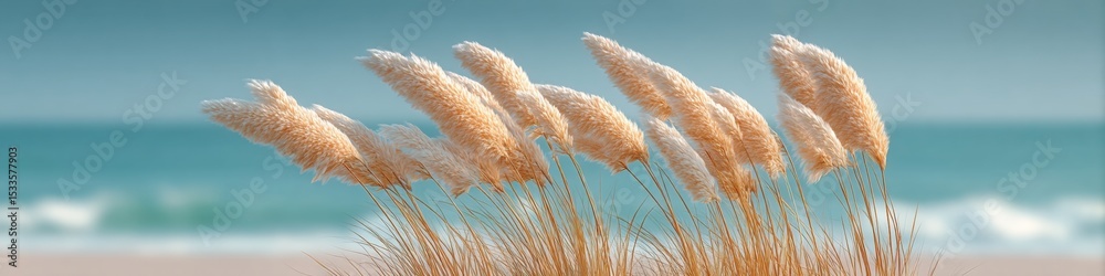 Poster resilient sea oats on coastal dunes swaying in breeze with ocean background for sustainable shorelin