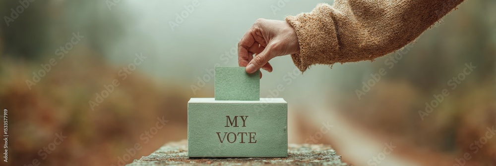 Poster Close-Up of Hand Casting Marked Ballot into Secure Box with Soft Focus Background Emphasizing Voting Rights and Personal Electoral Impact