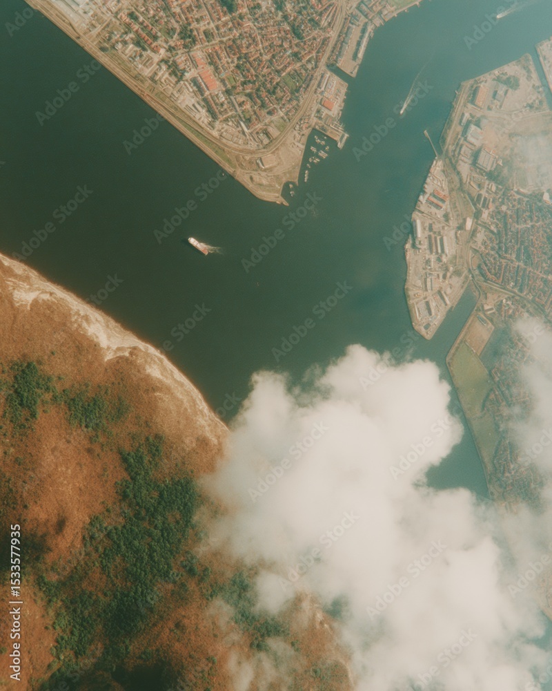 Poster aerial satellite view of rotterdam port and urban infrastructure with shipping channels and vessel p