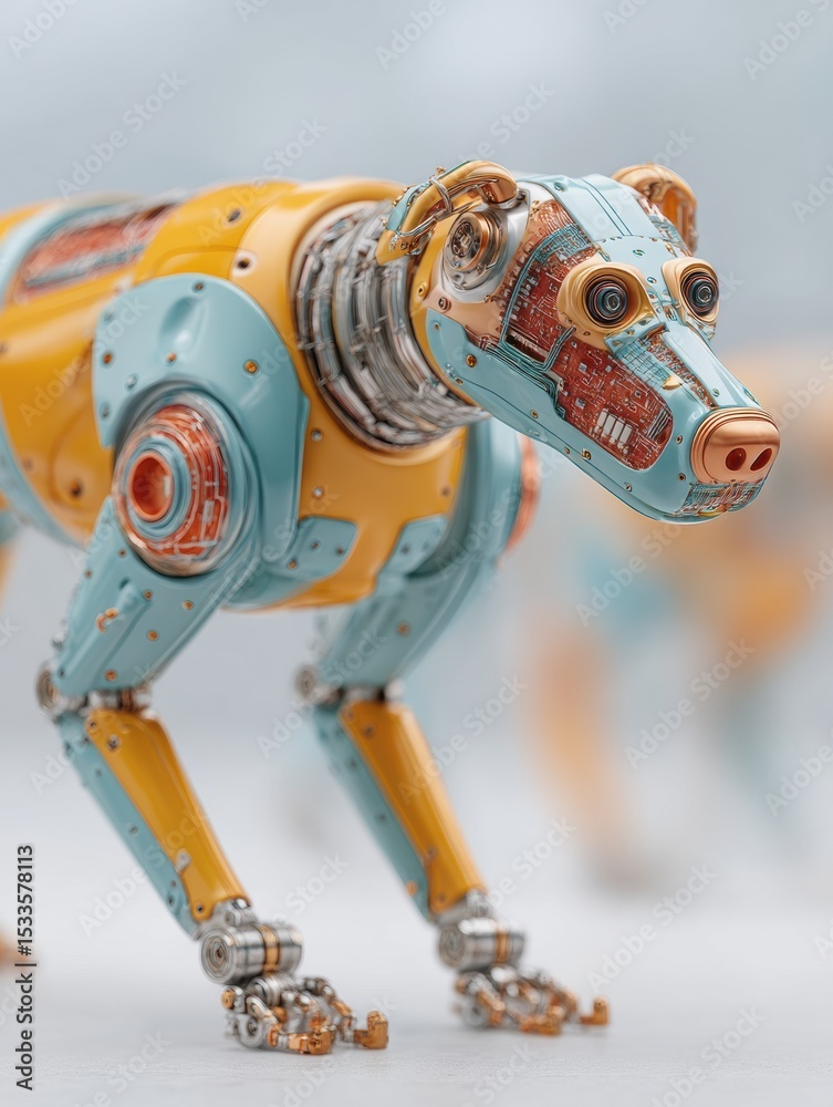 Poster innovative heavy-duty robot dog with reinforced chassis and visible hydraulics showcased indoors for