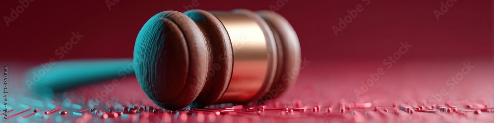 Poster modern regulatory framework concept with judges gavel and digital cyber protection shield on circuit
