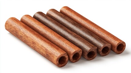 Wood tubes of various shades, arranged in a row.