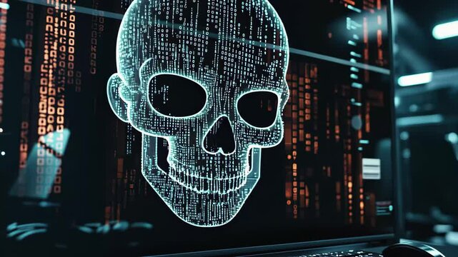Digital representation of a skull created with binary code displayed on a computer screen, Skull made of binary digital code on screen of retro computer in hacker room 3D render