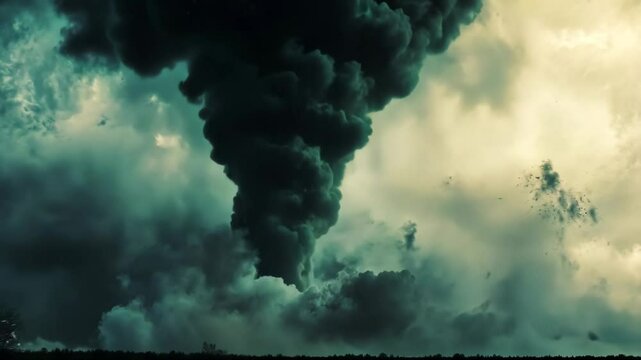 Destruction caused by a large tornado during a severe storm in an open landscape, Large tornado damage Extreme weather concept, disaster in slow motion, alpha channel