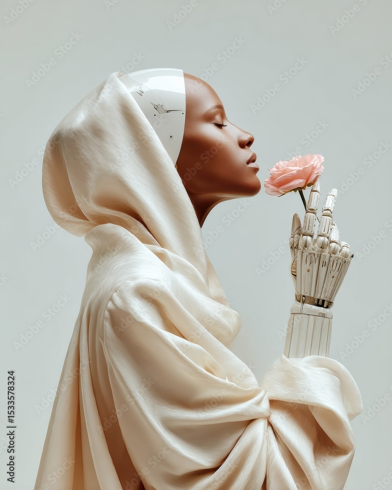 Poster futuristic humanoid robot with transparent face and mechanical arm holding flower, symbolizing advan