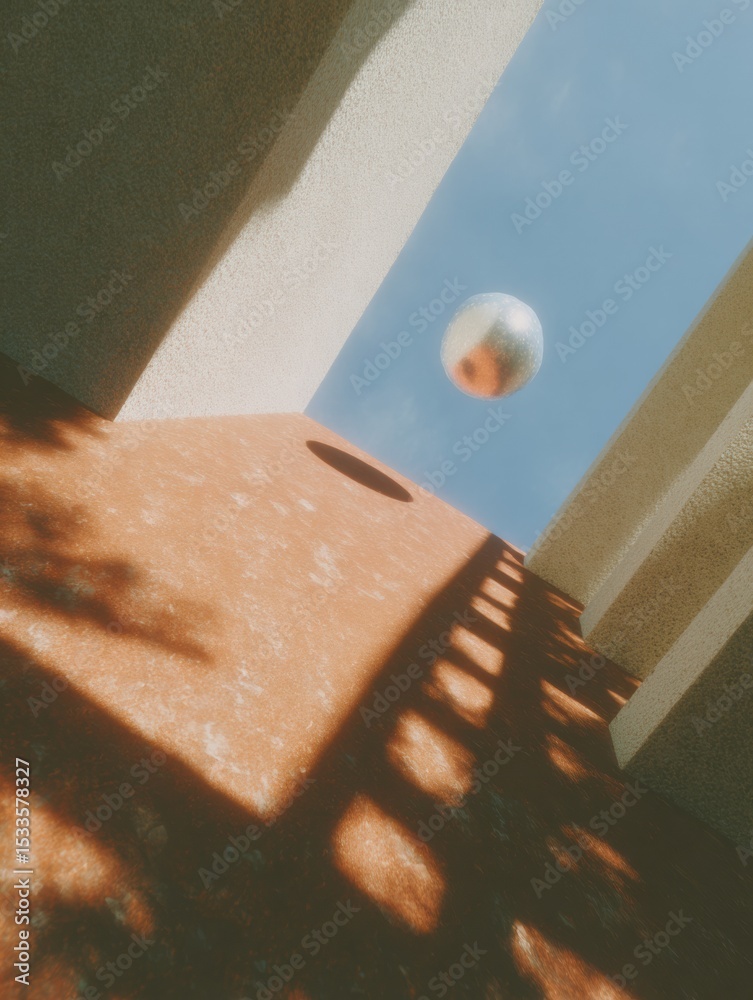 Poster abstract architectural scene with metallic sphere floating above terracotta surface and textured wal