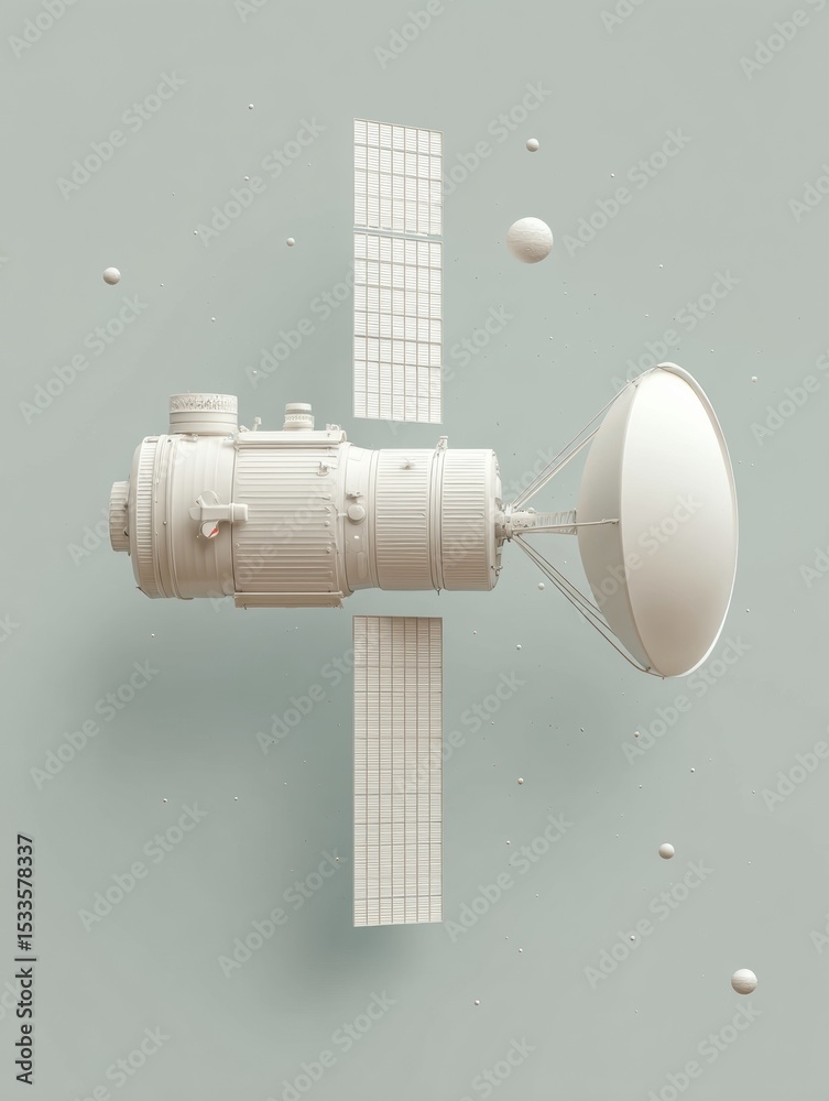 Poster minimalist satellite model with extended solar panels and communication dish in soft neutral tones f