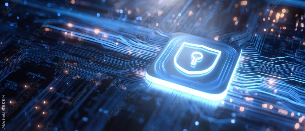Aufkleber Quantum Internet Security Shield on Circuit Board with Lock Icon and Data Streams - Advanced Cybersecurity and Digital Encryption Technology Visualization