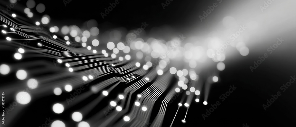 Poster Quantum Cloud Circuit Board with Bokeh Effect and Intricate Electronic Pathways - Digital Marketing for Network Infrastructure and Neural Network Innovation