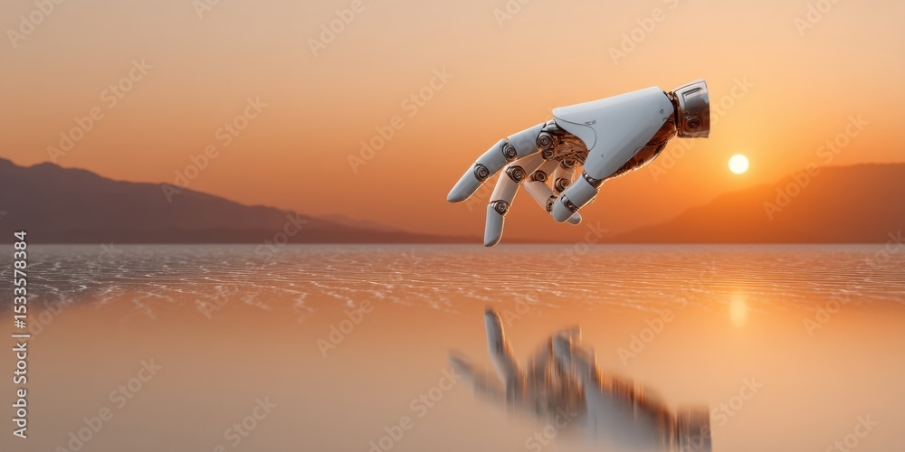 Poster futuristic robotic hand reaching toward quantum bit hologram at sunset, symbolizing human-machine in