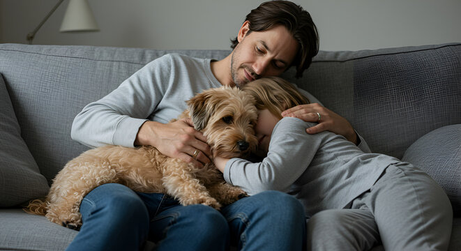 Family comforting a dog