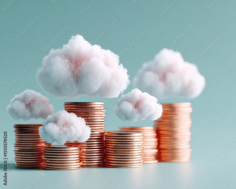 Poster Privacy Coin Stacks with Soft White Clouds Symbolizing Secure Cloud Financial Services and Digital Data Storage for Modern Virtual Banking Solutions