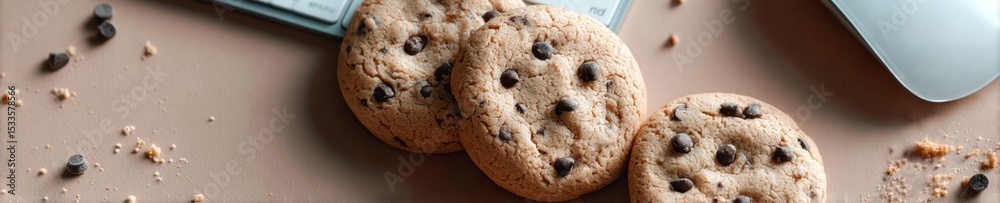 Poster digital privacy concept with chocolate chip cookies and tech devices on wooden desk promoting modern