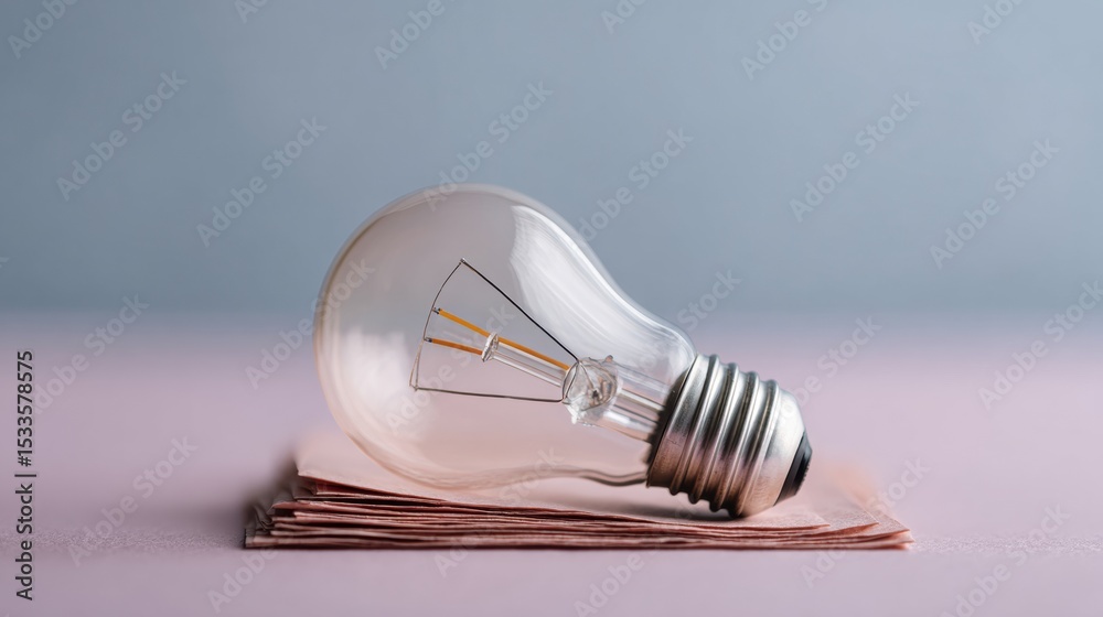 Poster close-up of clear light bulb on stacked coins with blurred financial documents symbolizing energy in
