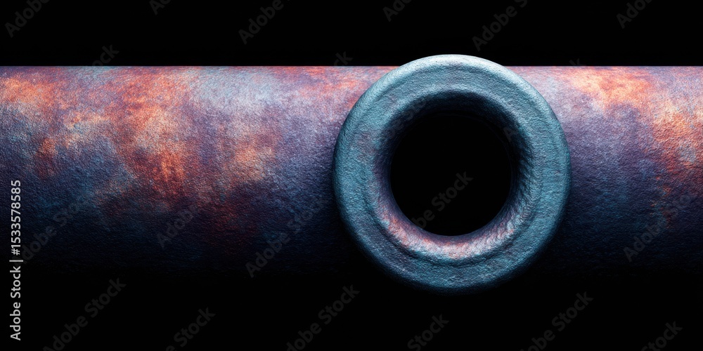Poster weathered industrial pipe with rusted textured surface and circular flange, showing oxidation and in